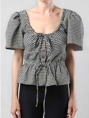 Ciao Lucia Enzio Black & White Gingham Puff-Sleeve Smocked Top